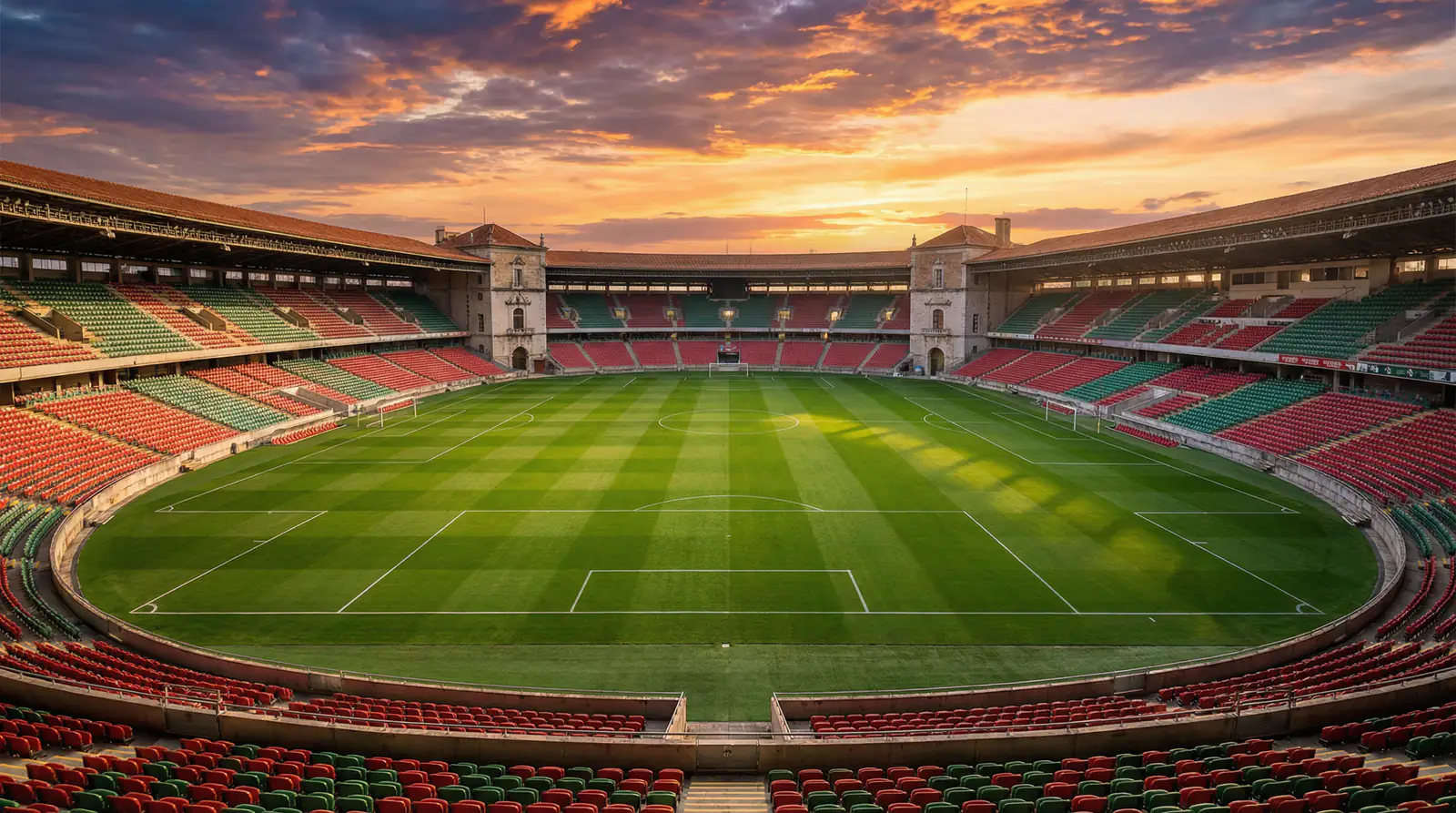 Jogo de futebol num estádio português com adeptos nas bancadas