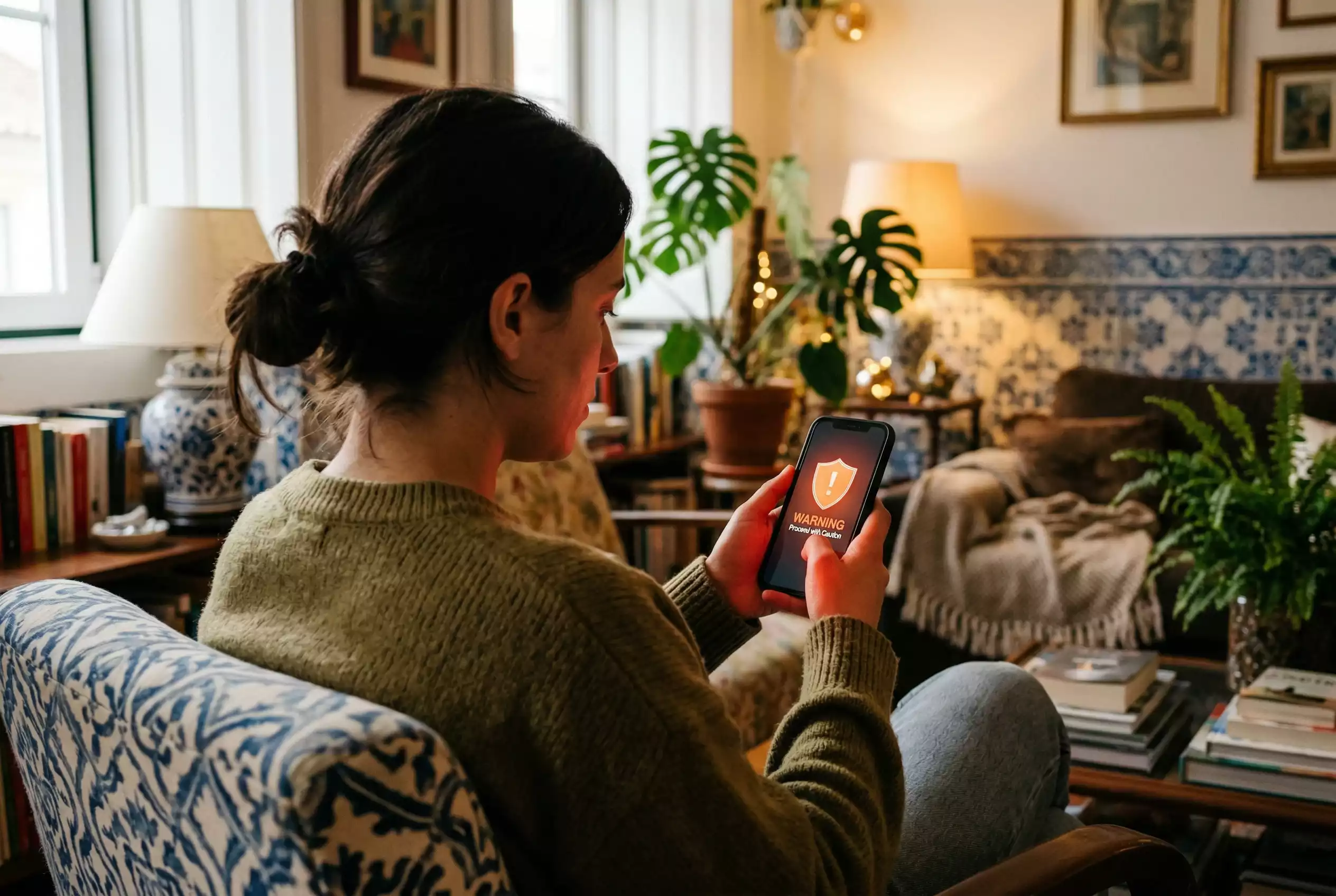 Pessoa a utilizar smartphone com símbolo de alerta de segurança sobre apostas online