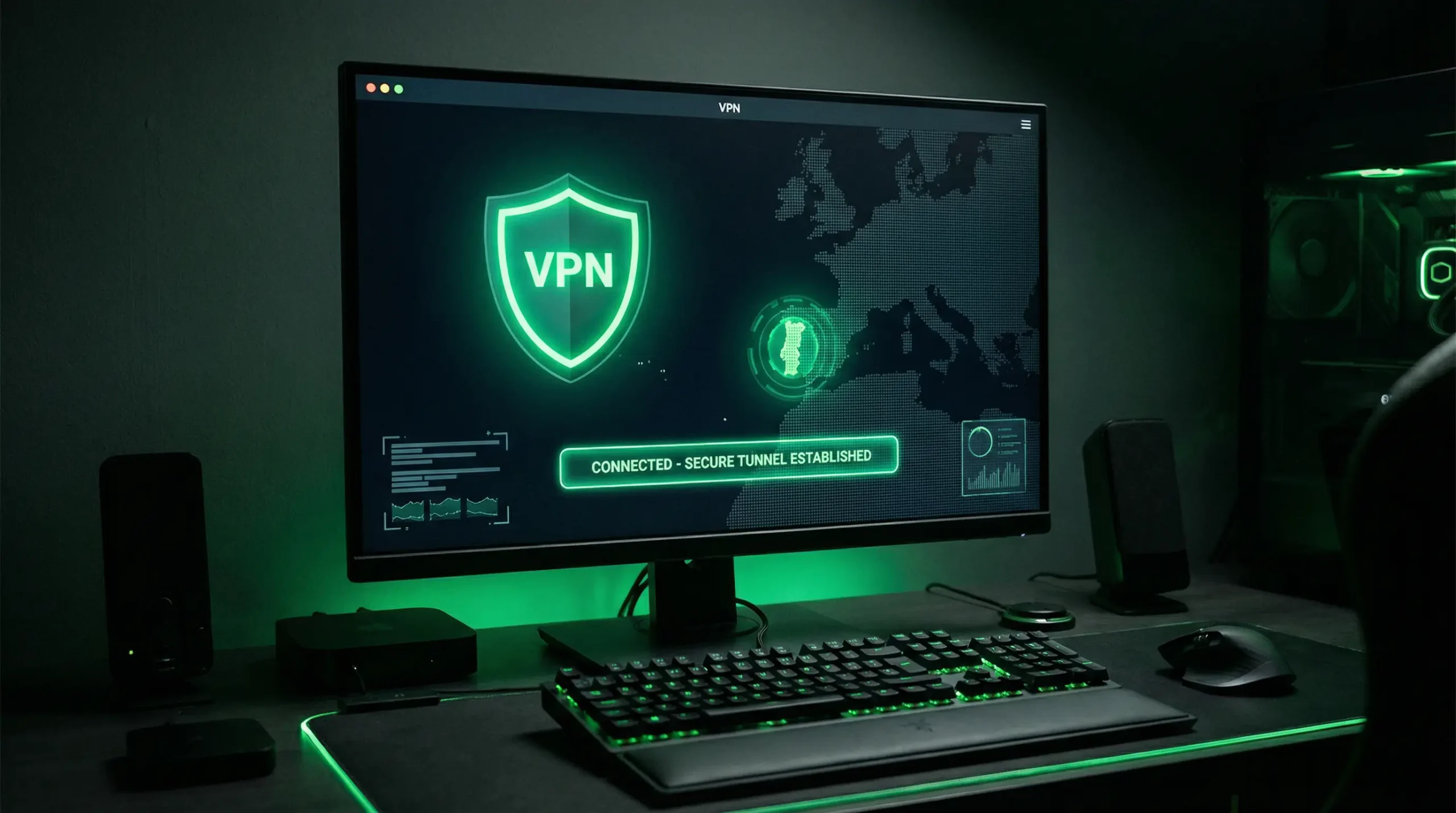 Ícone de VPN sobreposto a mapa de Portugal num ecrã de computador